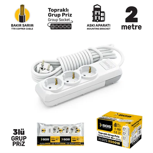 GRUP PRİZ TOPRAKLI ÜÇLÜ 2 METRE