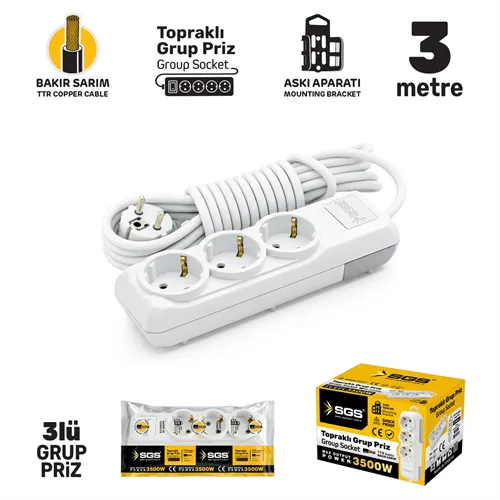 GRUP PRİZ TOPRAKLI ÜÇLÜ 3 METRE