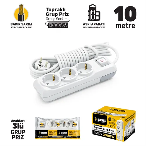 GRUP PRİZ TOPRAKLI ANAHTARLI ÜÇLÜ 10 METRE