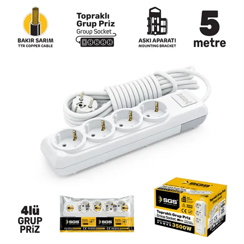 GRUP PRİZ TOPRAKLI DÖRTLÜ 5 METRE
