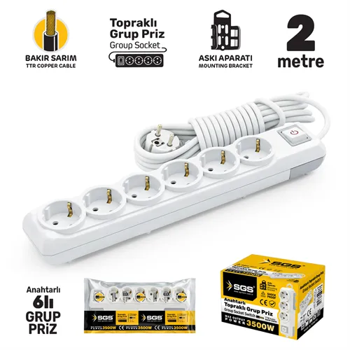GRUP PRİZ TOPRAKLI ANAHTARLI ALTILI 2 METRE