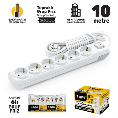 GRUP PRİZ TOPRAKLI ANAHTARLI ALTILI 10 METRE