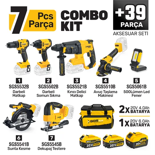 COMBO SET 7 PARÇA (Darbeli Matkap/Kırıcı-Delici Matkap/Darbeli Somun Sıkma/Avuç Taslama Makinesi/Sunta Kesme/Dekupaj Testere/Led Fener