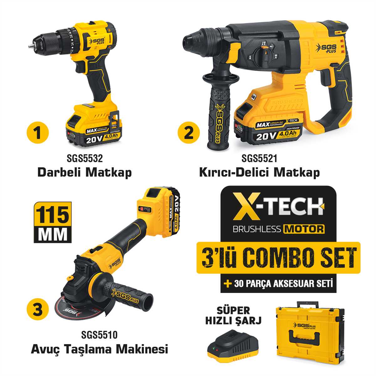X-TECH 3 Pcs Combo Kit
1 Pcs Cordless Impact Drill
1 Pcs Cordless Rotary Hammer
1 Pcs Cordless Angle  Grinder
4.0Ah 2 Battery 1 Charger 1