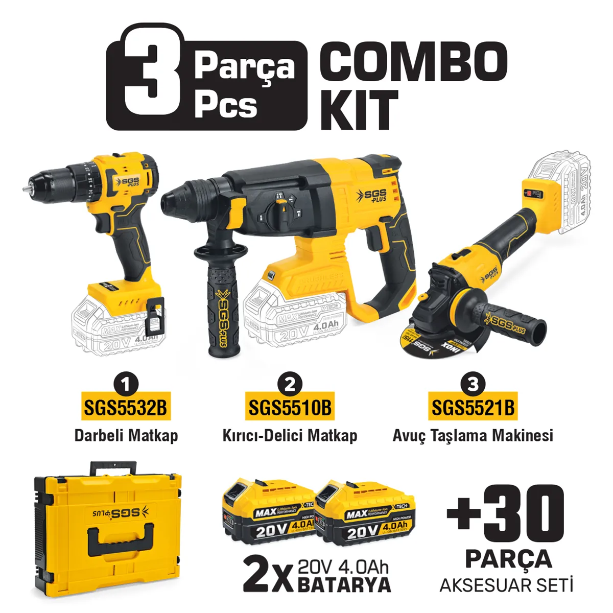 X-TECH 3 Pcs Combo Kit
1 Pcs Cordless Impact Drill
1 Pcs Cordless Rotary Hammer
1 Pcs Cordless Angle  Grinder
4.0Ah 2 Battery 1 Charger 1
