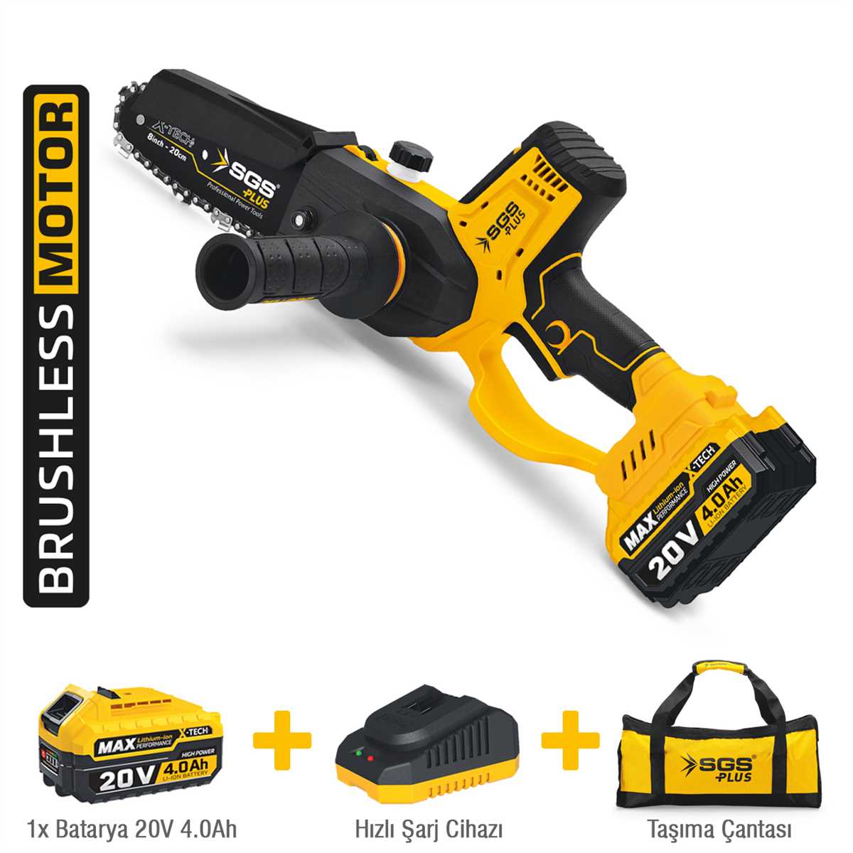 X-TECH Cordless Chainsaw Set 200mm 20V 4.0Ah 
1 Battery 1 Charger 1