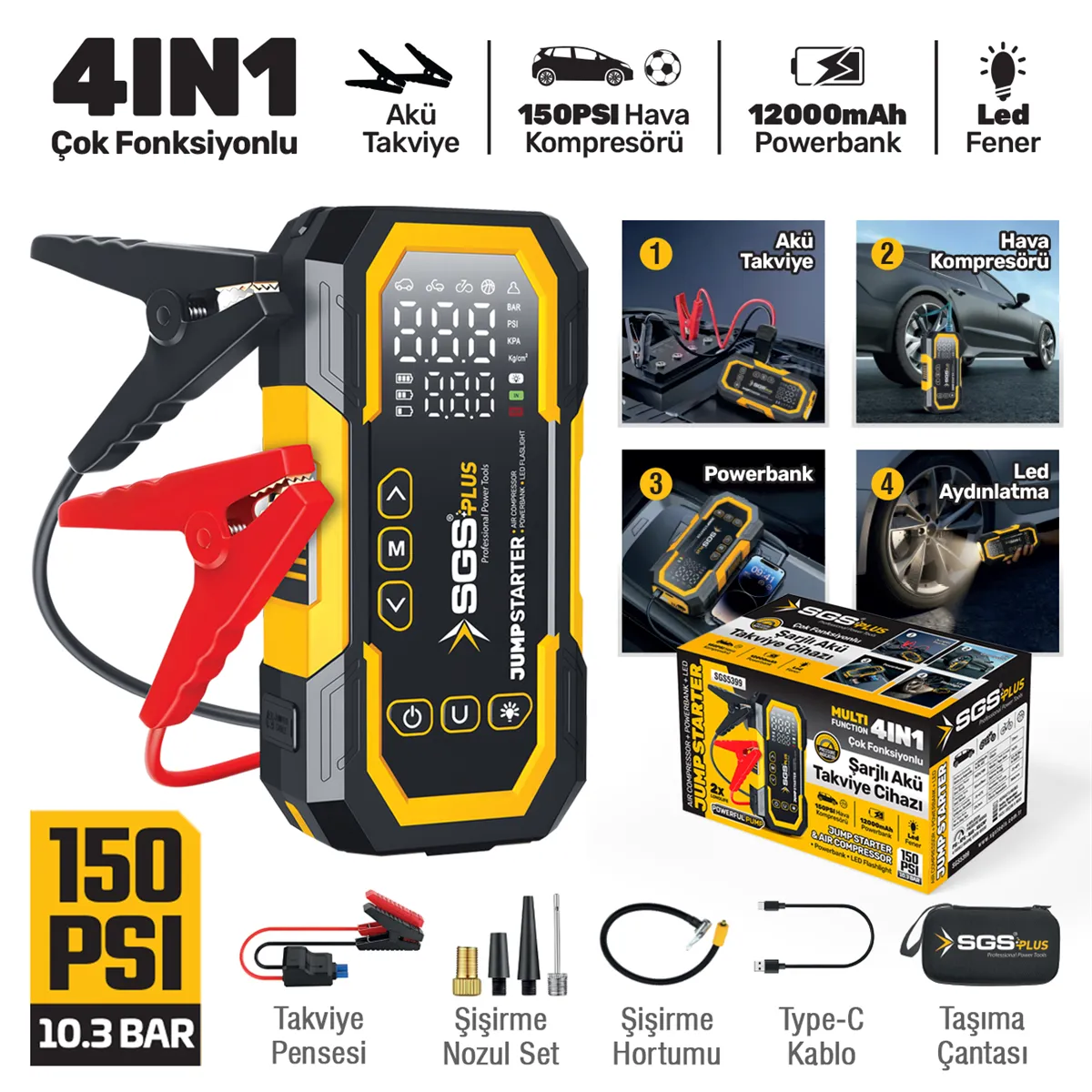 ŞARJLI AKÜ TAKVİYE VE HAVA KOMPRESÖRÜ DİJİTAL 16.8V 12.000 Mah 4 in 1 1