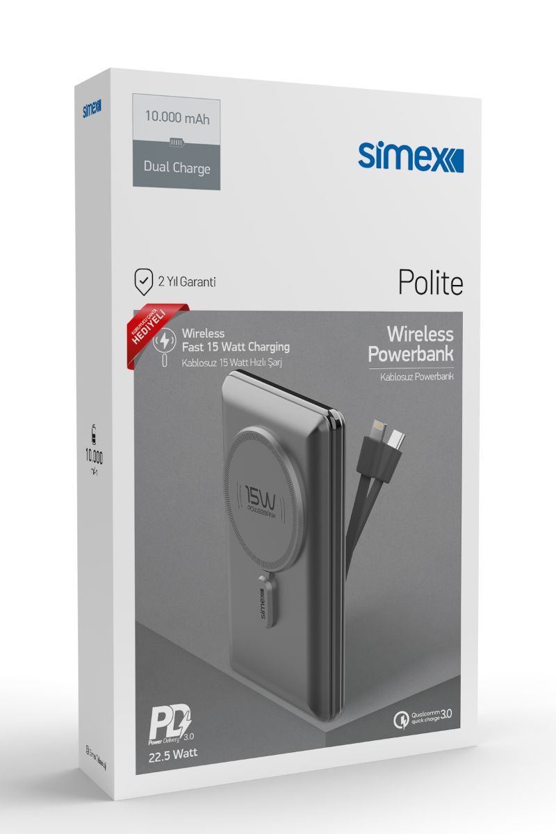 Simex S-38 Polite 22,5W 10000mAh Power Bank Dahili Kablolu Gri - 1