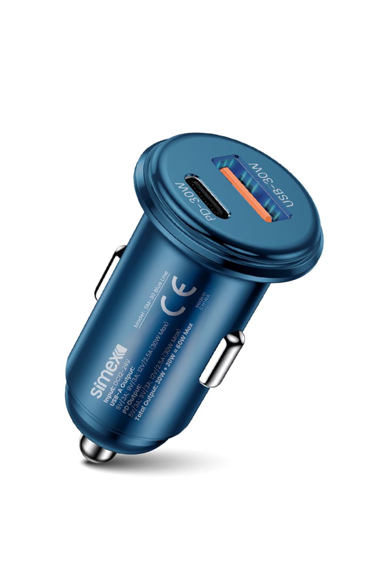 Simex  SM-30 Blue Line USB/PD Baslik Metal 60W Araç Sarji Mavi - 1