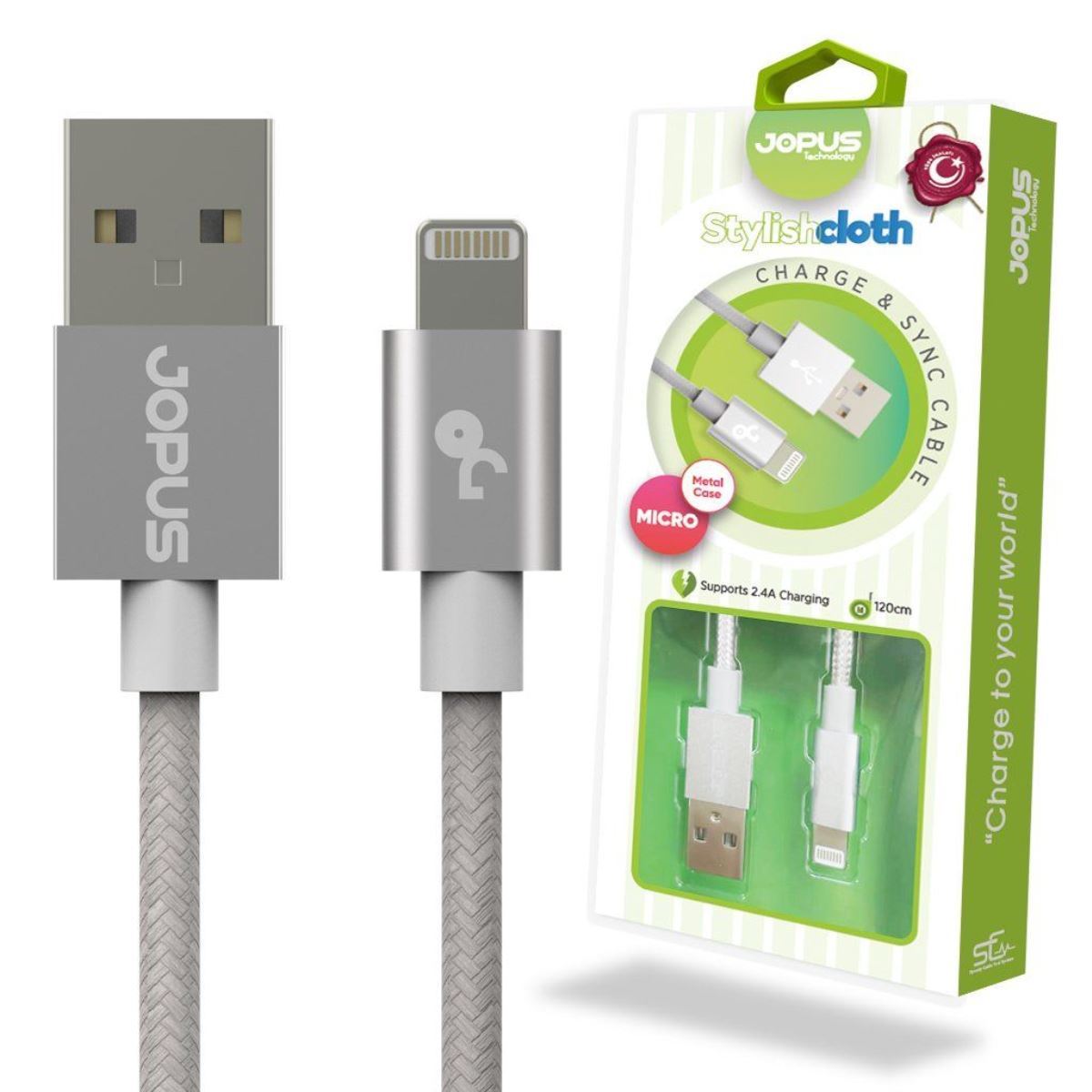 Jopus iPhone 7\7 Plus JO-DK3 1.2 Meter Stylish Cloth Data Cable Gri - 1