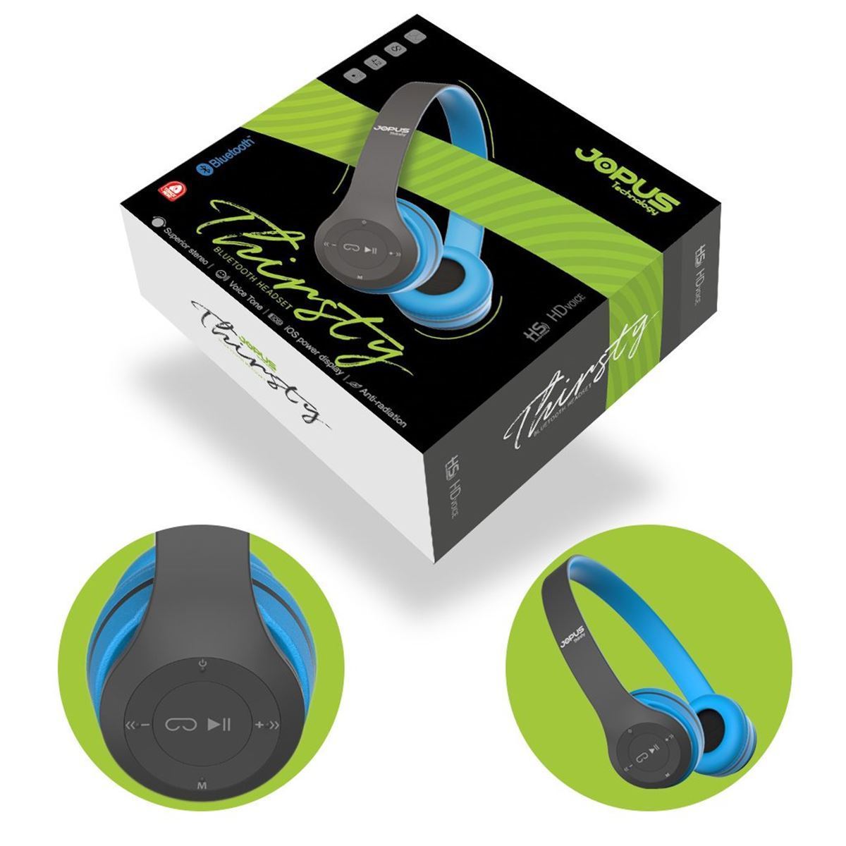 Jopus JO-BH05 Thirsty Mikrofonlu Micro SD Okuyuculu   Bluetooth Kulaklıklar Mavi - 1