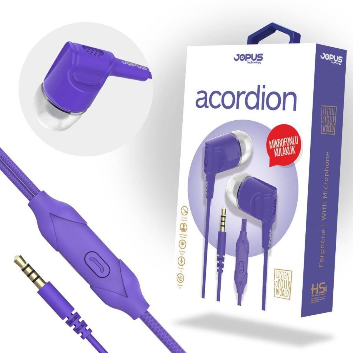 Jopus JO-K52 Acordion Universal 3,5   Mikrofonlu Kulaklik Mor - 1