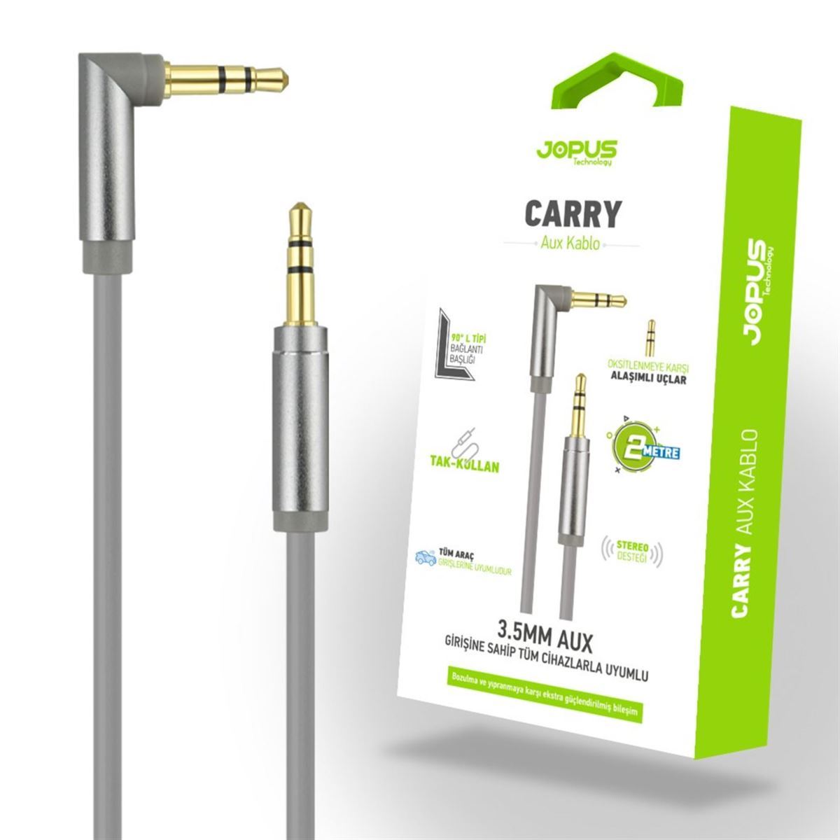 Jopus Universal 3.5mm JA-07 Carry 2 Metre  AUX Kablosu Gri - 1