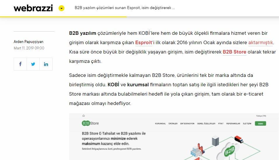 Our B2B Store news has been published on Webrazzi
