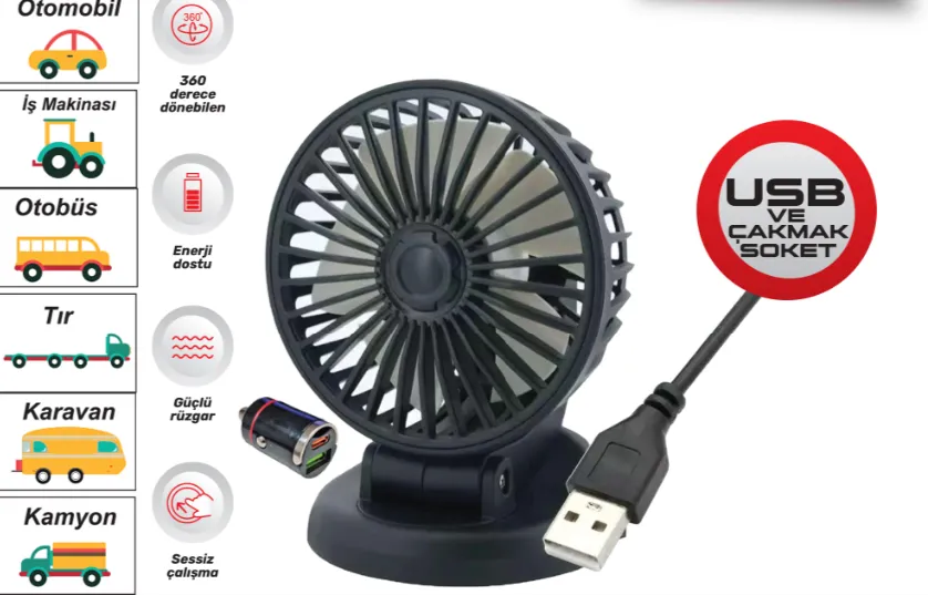 VANTiLATÖR 12V USB SOKETLi TORPiDO ÜSTÜ TEKLi 1