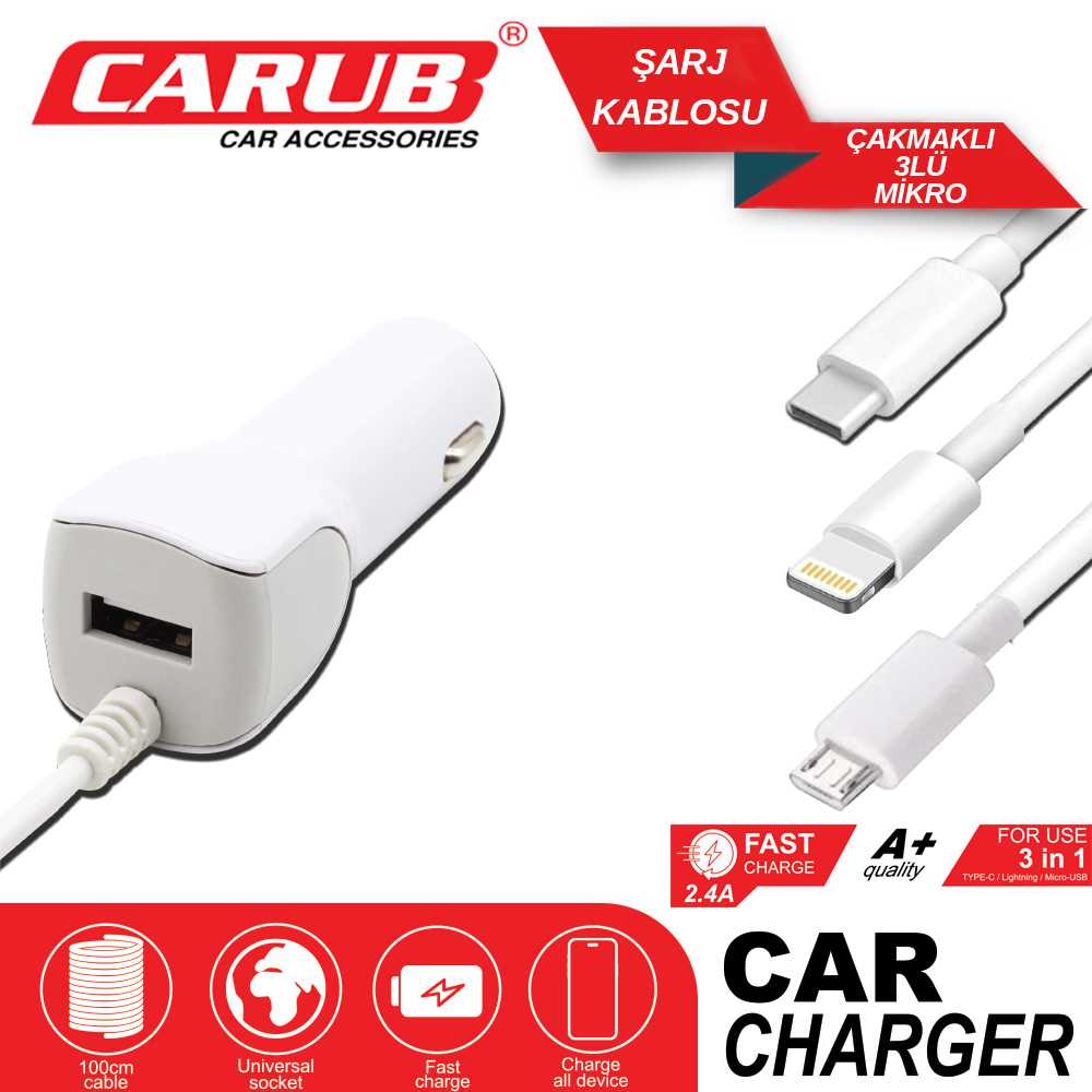 ÇAKMAK SARZ CiHAZI 2,4A 3 LÜ TYPE-C-IPHONE KABLOLU 1