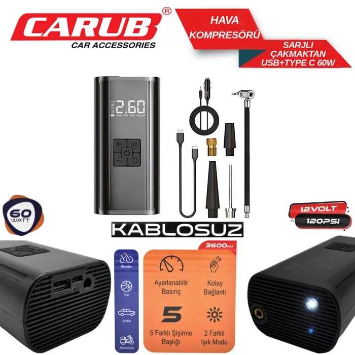 HAVA KOMPRESÖRÜ SARJLI + USB LI VE TYP-C 60W 1