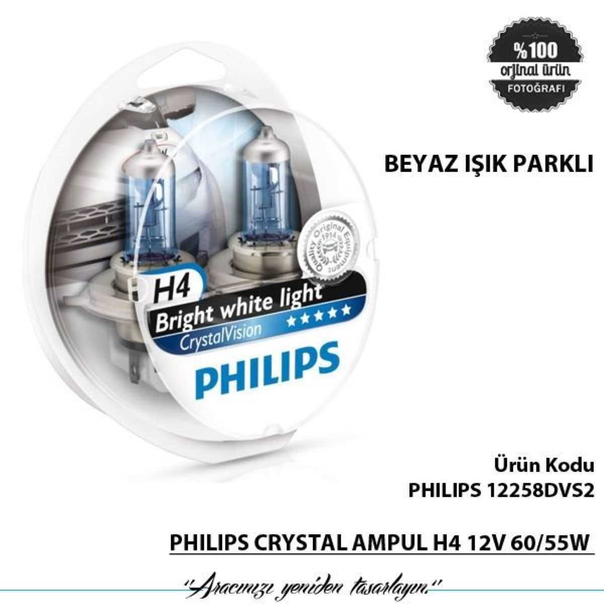 PHILIPS CRYSTAL AMPUL H4 12V 60/55W  BEYAZ ISIK PARKLI TK 1