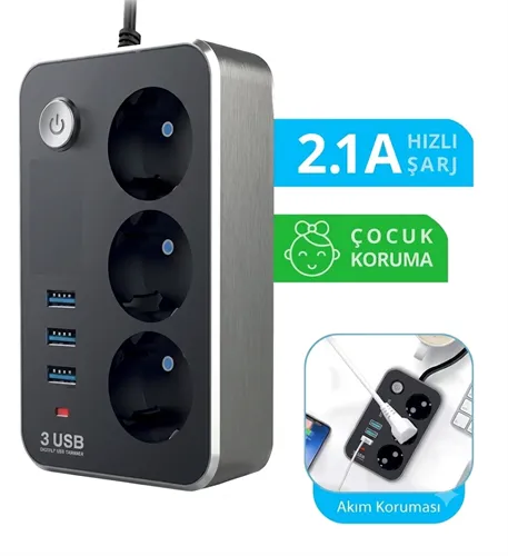 3'LÜ 2 MT TERMAL AKIM KORUMALI ANAHTARLI GRUP PRİZ (3xUSB’Lİ)