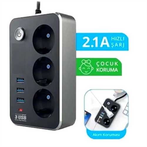 3'LÜ 2 MT TERMAL AKIM KORUMALI ANAHTARLI GRUP PRİZ (3xUSB’Lİ)