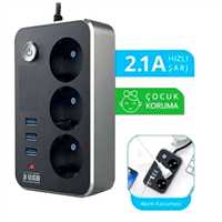 3'LÜ 2 MT TERMAL AKIM KORUMALI ANAHTARLI GRUP PRİZ (3xUSB’Lİ) 1