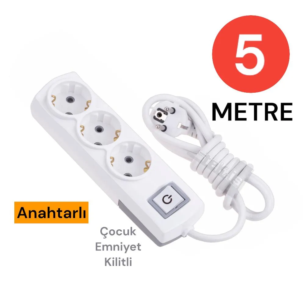 3'LÜ ANAHTARLI GRUP PRİZ 5 METRE ÇOCUK KORUMALI 1