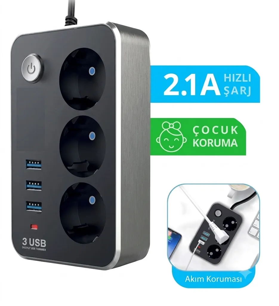 3'LÜ 2 MT TERMAL AKIM KORUMALI ANAHTARLI GRUP PRİZ (3xUSB’Lİ) 1