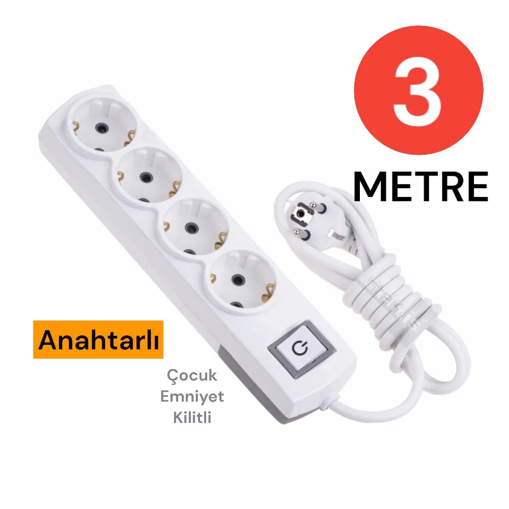 4'LÜ ANAHTARLI GRUP PRİZ 3 METRE ÇOCUK KORUMALI 1