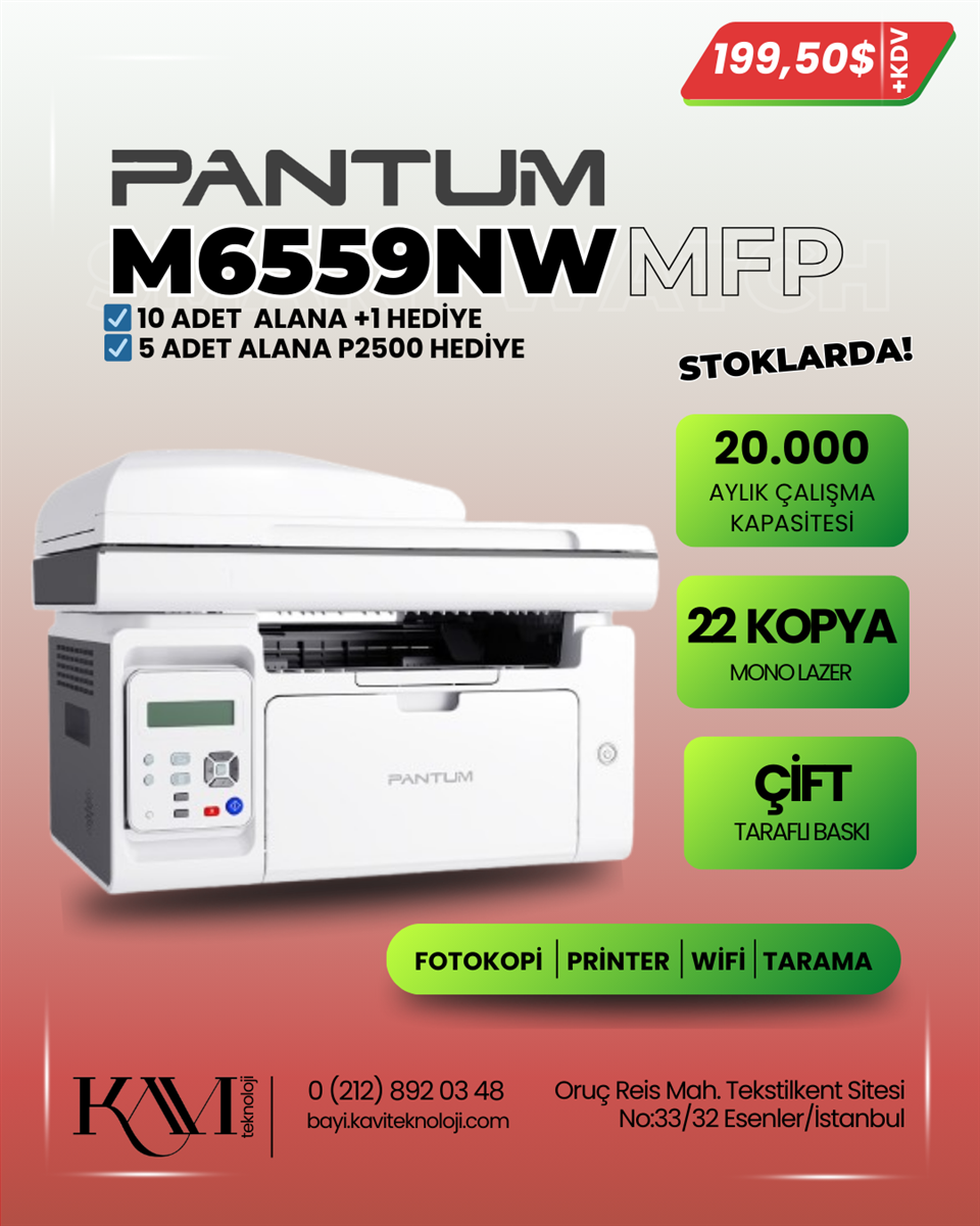 Pantum M6559 NW ÇOK FONKSİYONLU NETWORK+WİFİ ADF MONO LAZER 1
