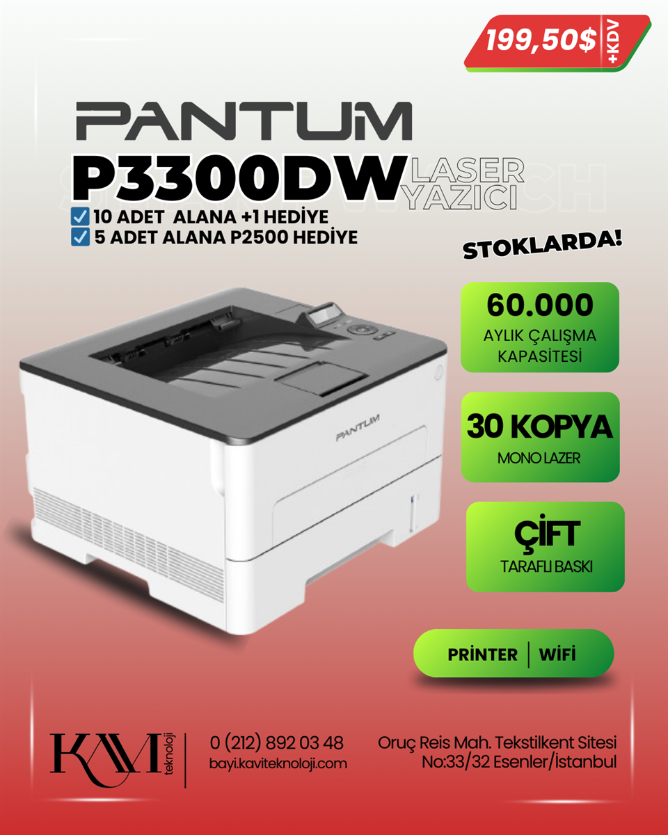 Pantum P3300 DW   DUBLEX+NETWORK+WİFİ  MONO LASER YAZICI 1