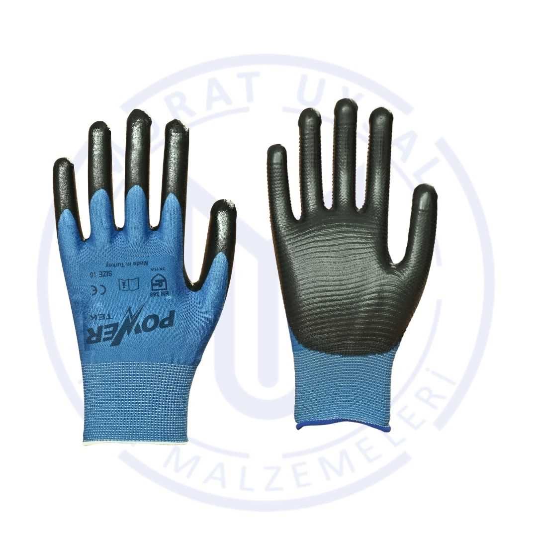 POWER TEK DÜZ MAVİ POLYESTER NİTRİL ELDİVEN NO:10 1