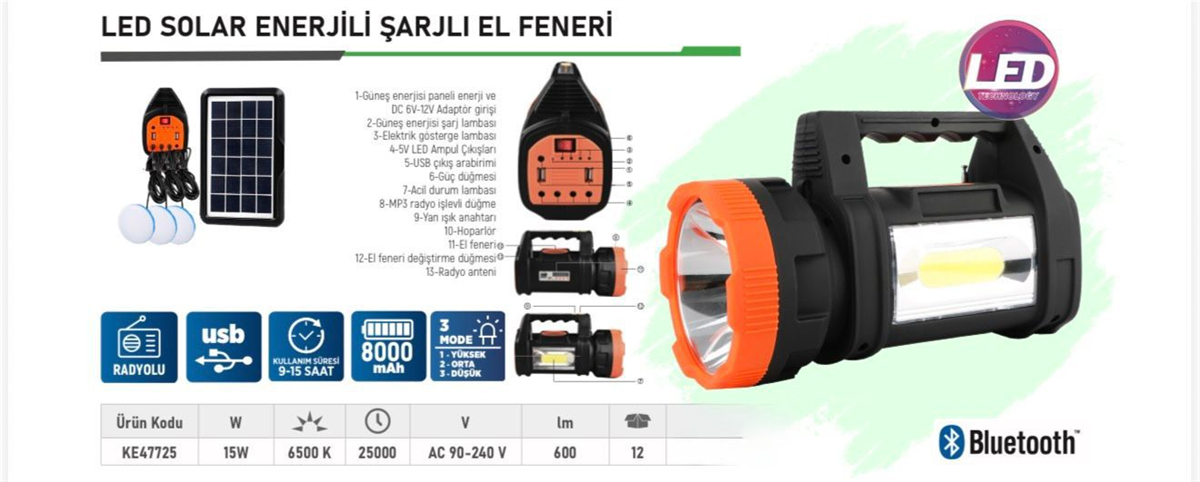 EL FENERİ LED SOLAR ENERJİLİ ŞARJLI 1