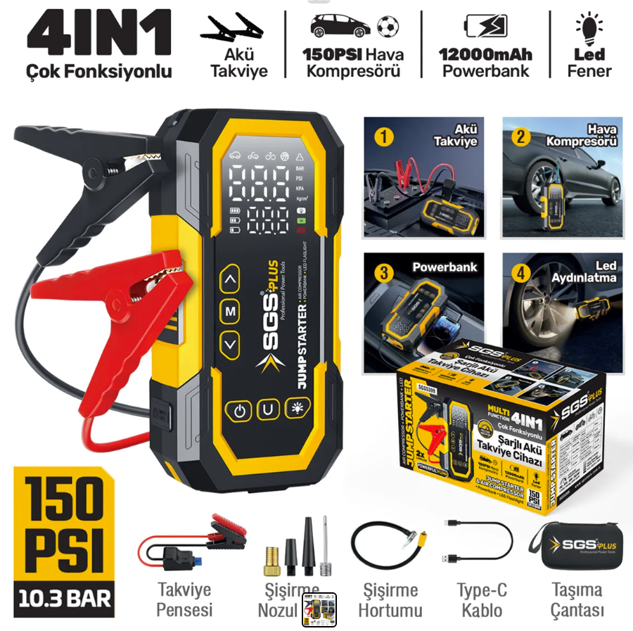 SGS AKÜ TAKVİYE VE HAVA KOMPRESÖRÜ DİJİTAL 16.8V 12.000 MAH 4 İN 1 1
