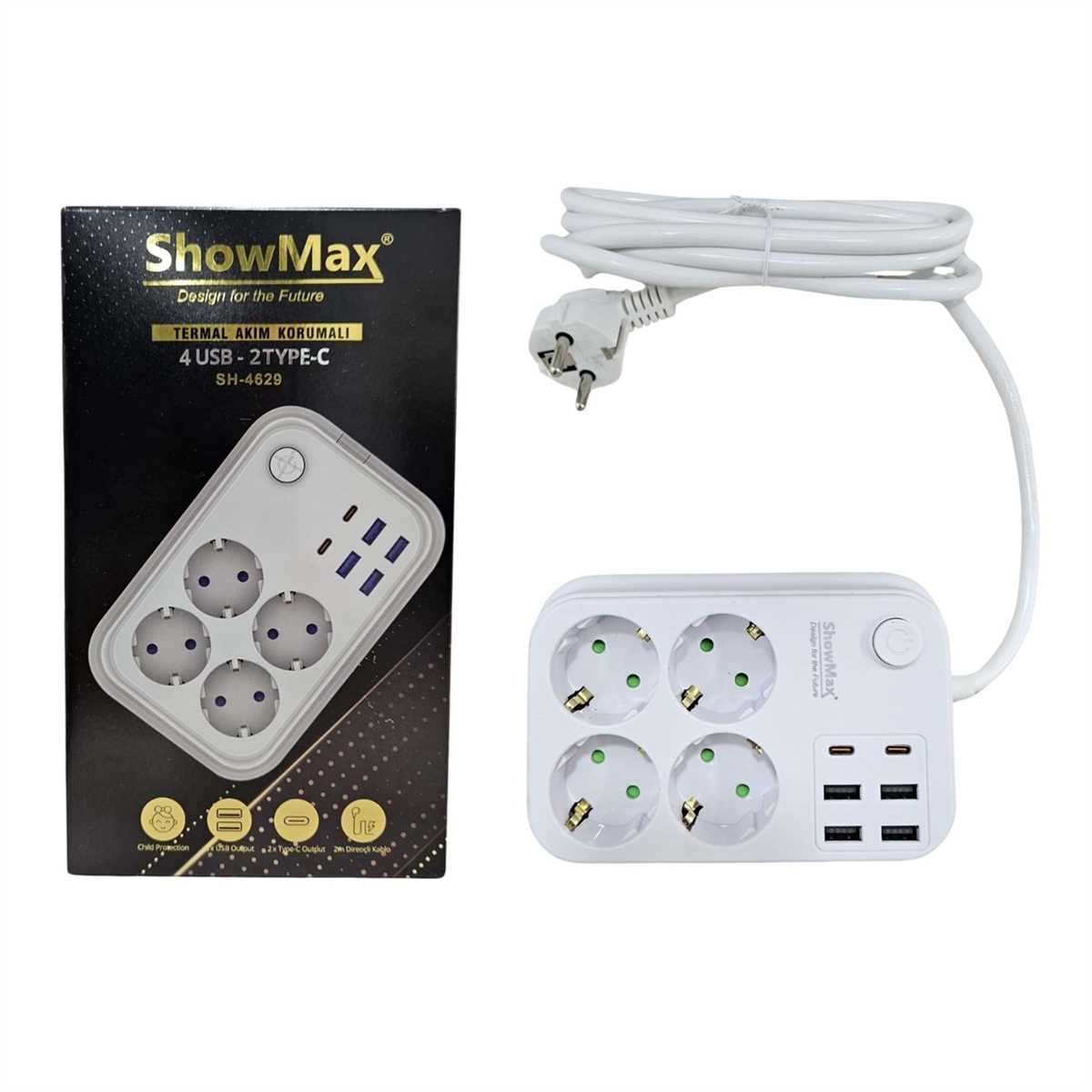 SH-4629 Termal Akım Korumalı Priz 2mt (4priz+4usb2 type-c) 1