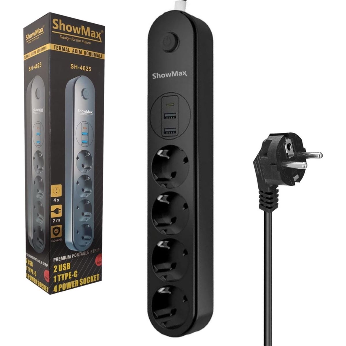 SH-4625 Termal Akım Korumalı Uzatma Kablosu (4priz+2usb+1 Type-C) 1