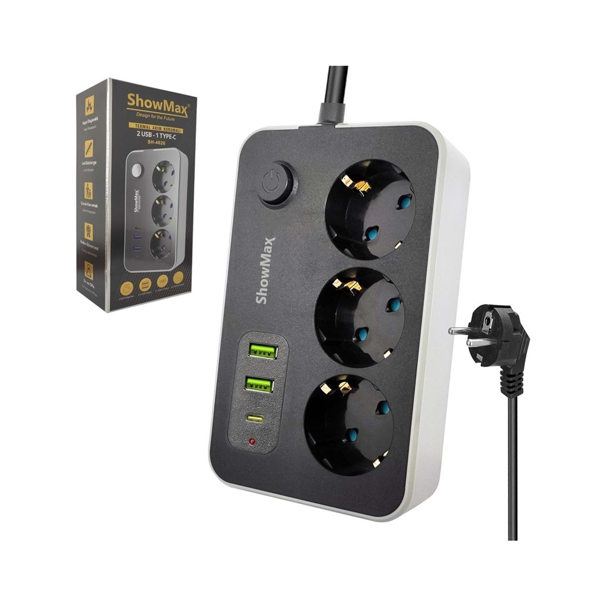 SH-4628 Termal Akım Korumalı Uzatma Kablosu (3priz+2usb+1 Type-C) 1