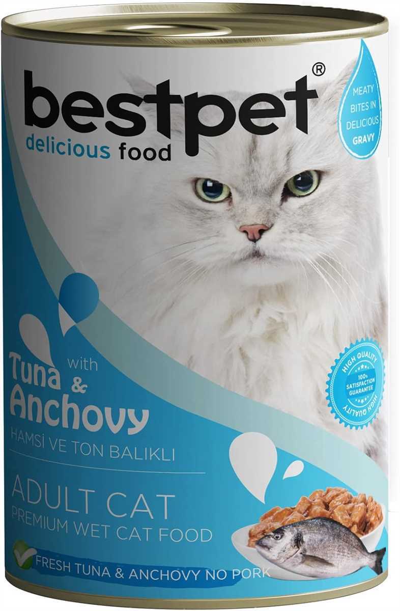 Bestpet Yetişkin Kediler İçin, Taze Tuna Balıklı, Taze Hamsi Parça Etli Ve Soslu Yaş Mama 400 gr 1