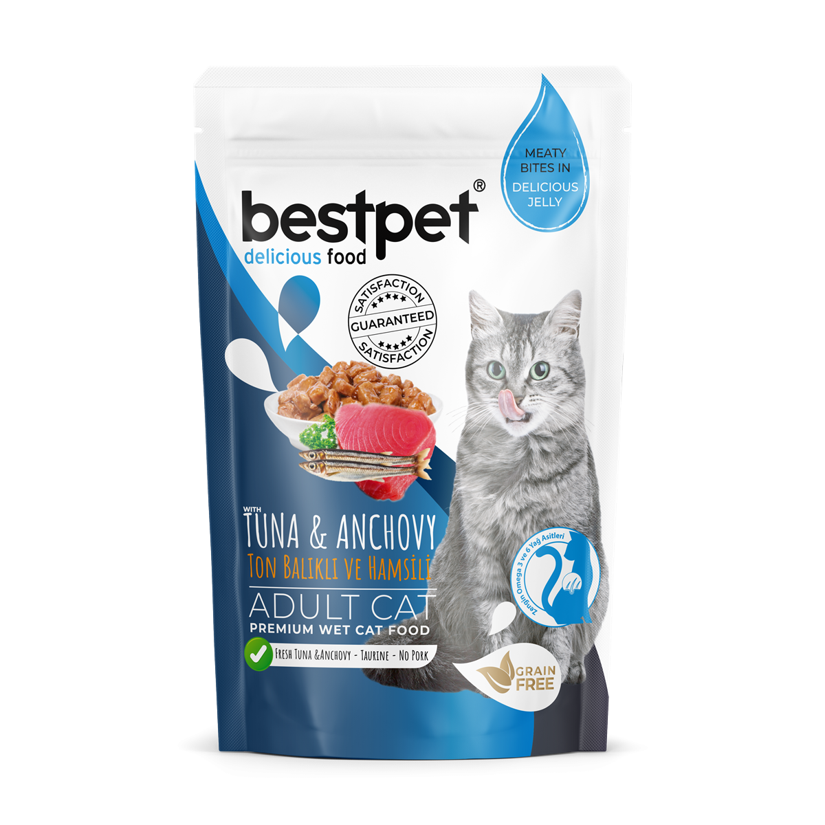 Bestpet Yetişkin Kediler İçin, Tahılsız, Jöle İçinde Tuna Ve Hamsi Parça Etli Yaş Mama 85 gr 1