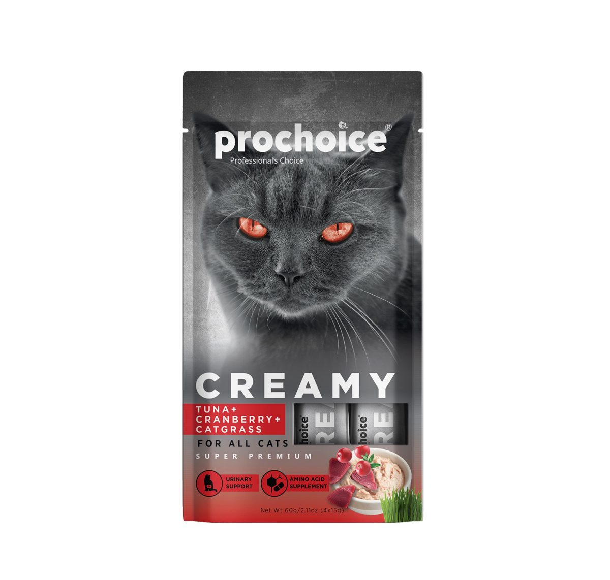 Prochoice Creamy Kediler İçin Tuna Balığı, Kızılcık ve Kedi Otlu Sıvı Ödül Maması 4x15 gr 1