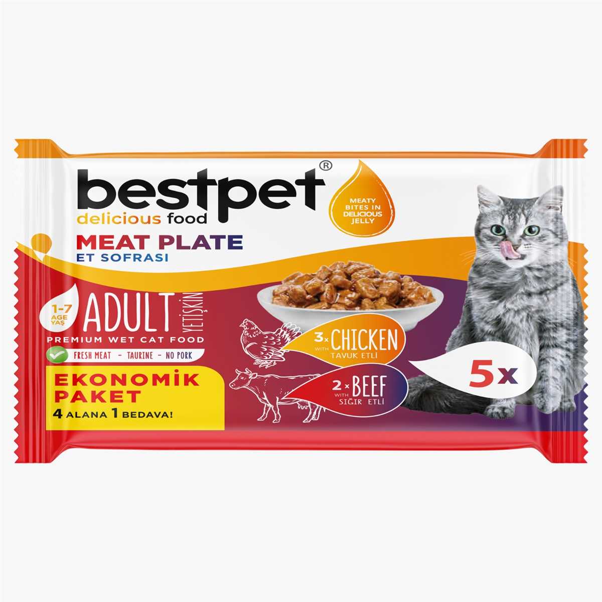 Bestpet Yetişkin Kediler İçin, Tahılsız, Jöle İçinde Tavuk Etli, Sığır Etli Ekonomik Et Sofrası Paketi 5x85 gr 1