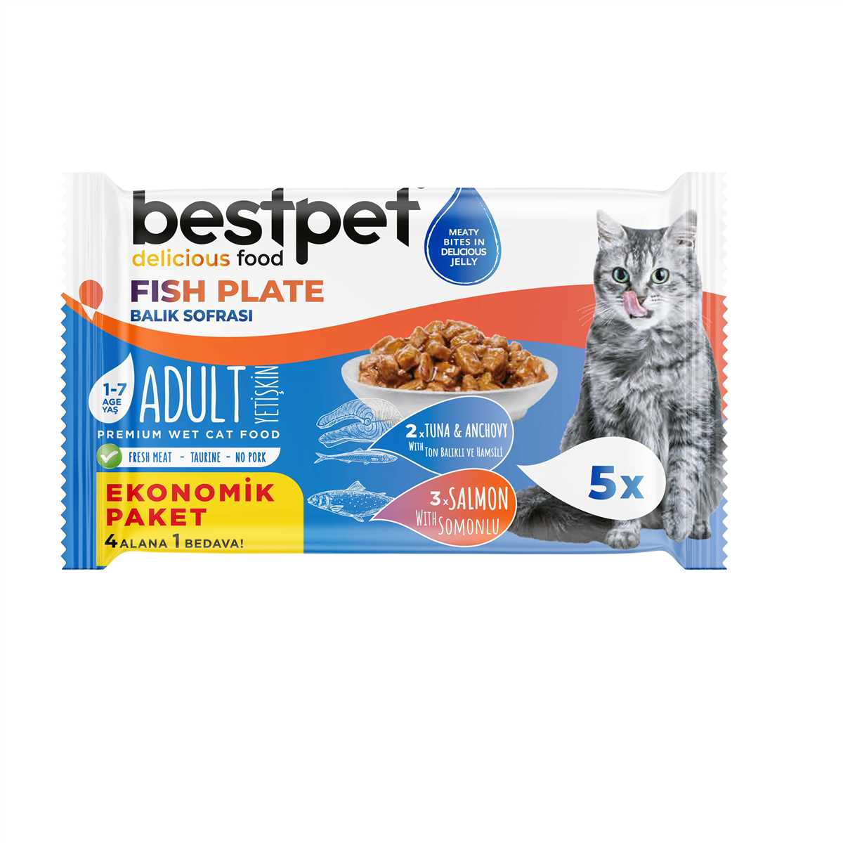 Bestpet Yetişkin Kediler İçin, Tahılsız, Jöle İçinde Balık Etli Ekonomik Et Sofrası Paketi 5x85 gr 1
