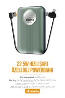 Azeada PD-P94 22,5W 10000mAh Power Bank Dahili Kablolu Yesil - 9