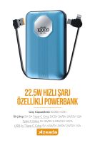 Azeada PD-P94 22,5W 10000mAh Power Bank Dahili Kablolu Mavi - 14
