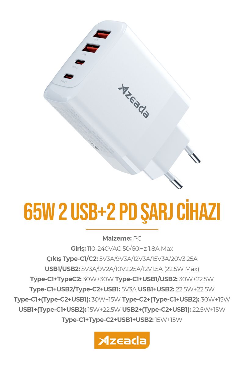 Azeada  AZ-A19  65W Sarj Cihazi Beyaz - 1