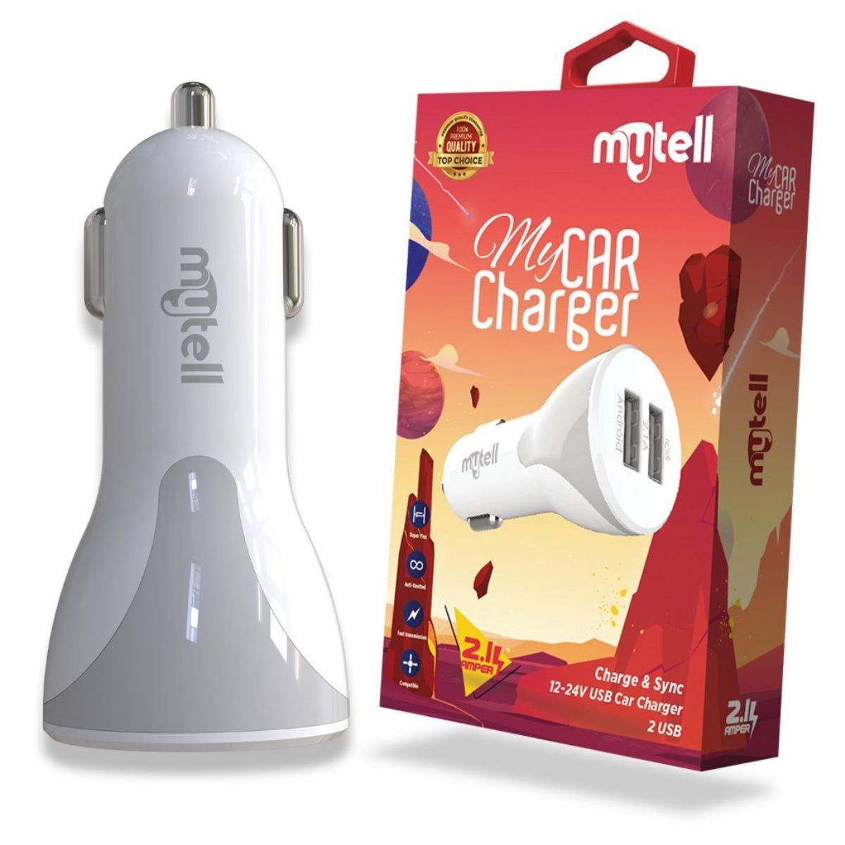 Mytell Universal Universal MY-A6 Pro MY-A6 Pro USB Head With 2 USB Port 2100 mAh In-Car Charger Beyaz - 1