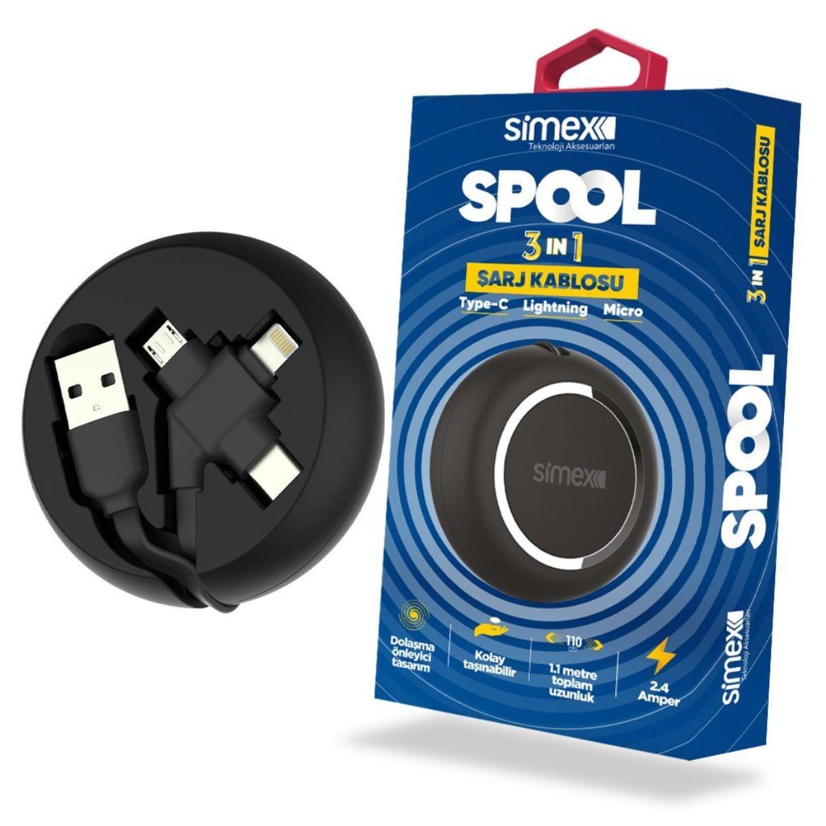 Simex Universal Micro / Type C / Lightning SPK-07 Spool 3in1 Makarali Data Kablosu Siyah - 1