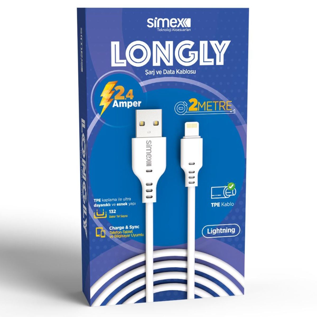 Simex iPhone 7\7 Plus SPK-08 2mt Longly Data Kablosu Beyaz - 1