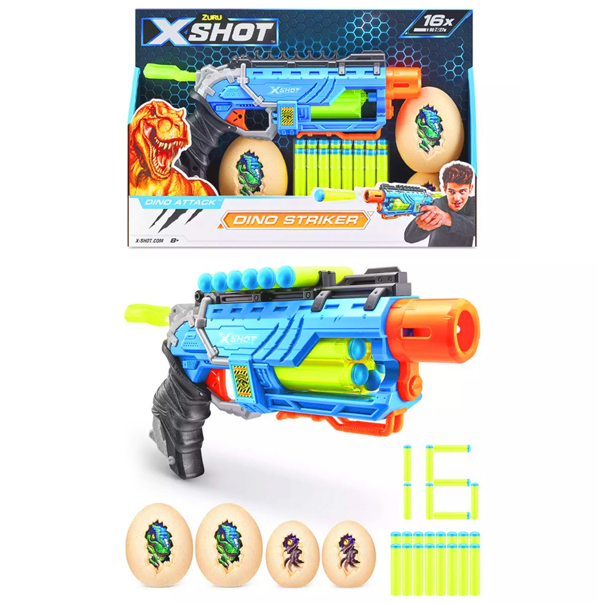 ZURU X-SHOT SÜNGER TABANCASI 4860 DİNO STRİKER DİNO ATTACK 16 MERMİ 8+ 1