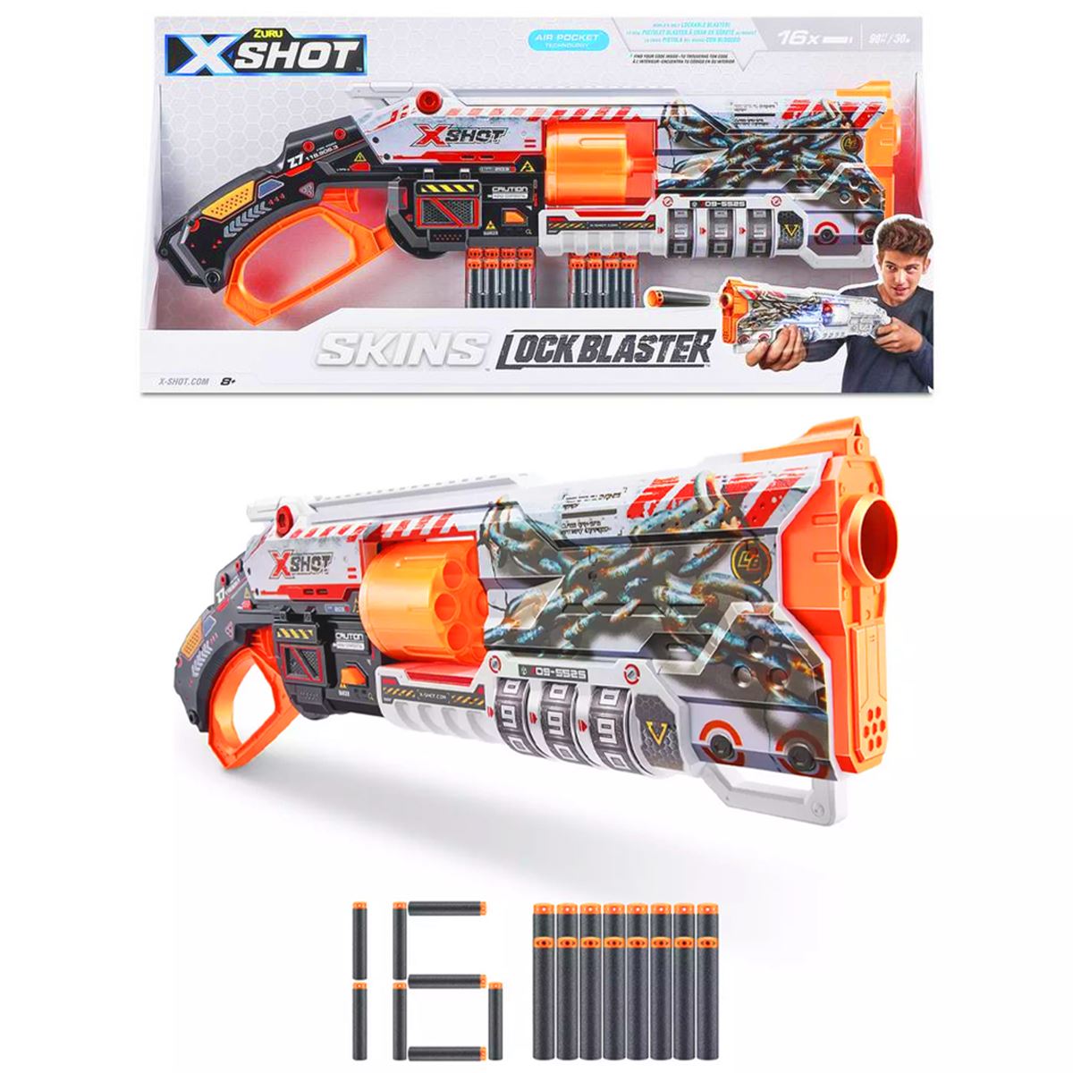 ZURU X-SHOT SÜNGER TABANCASI 36606 SKİNS LOCK BLASTER SERİ 1 16 MERMİ 8+ 1