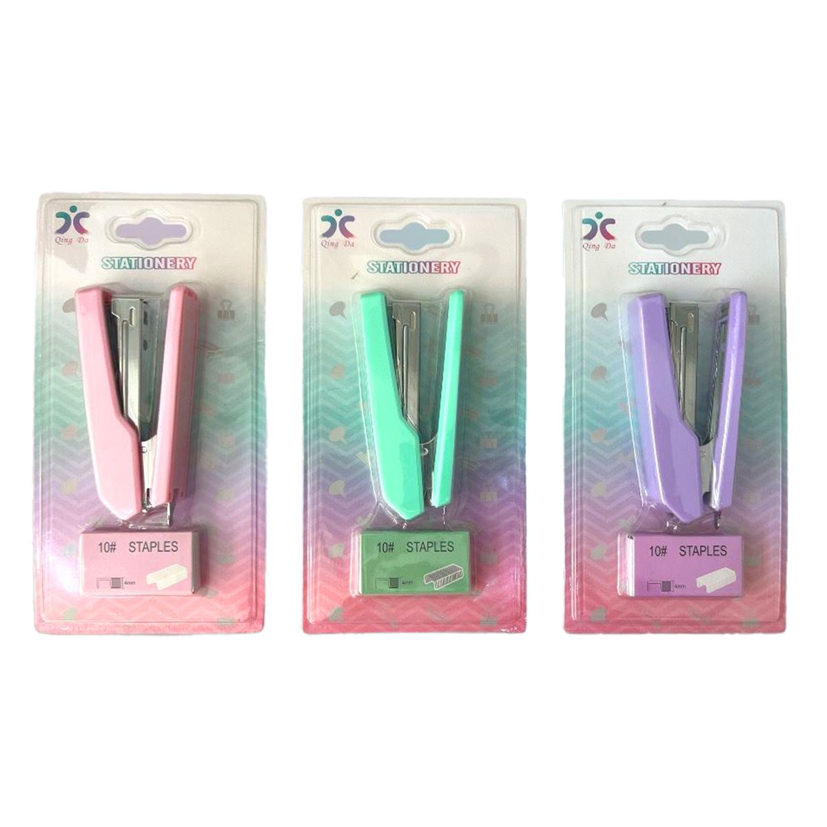 QİNG DA STATİONERY ZIMBA MAKİNESİ + TEL SET NO:10 PASTEL PEMBE - MOR - YEŞİL 1